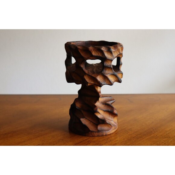 Vtg MCM Brutalist Carved Twisted Chalice Burl Wood Candle Holder Stand Tiki 6" - Picture 13 of 13